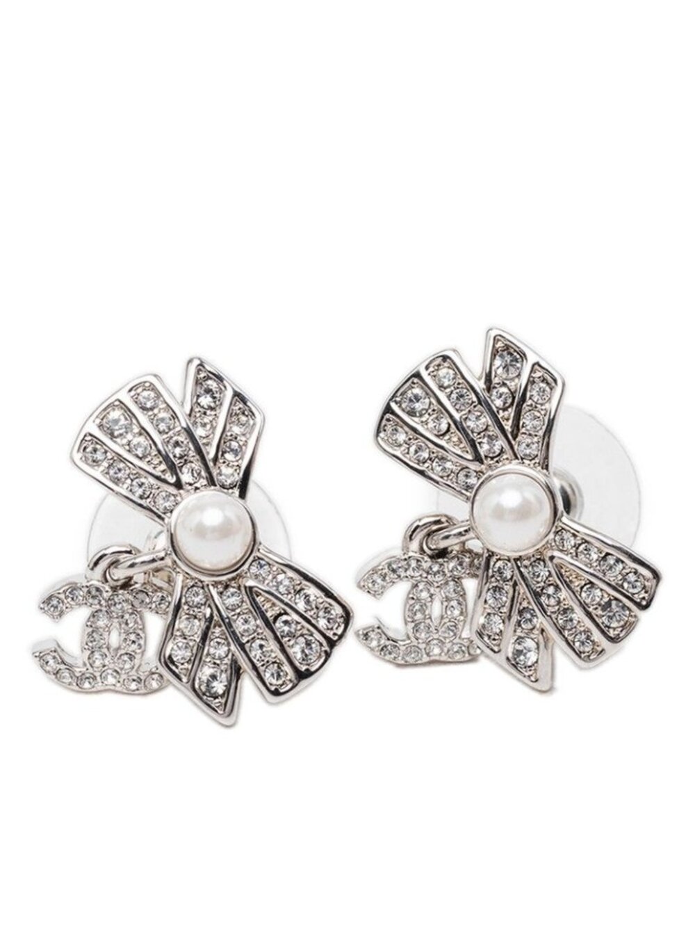 Chanel CC Logo Ribbon Stud Earrings Silver Pearl Rhinestone Metal